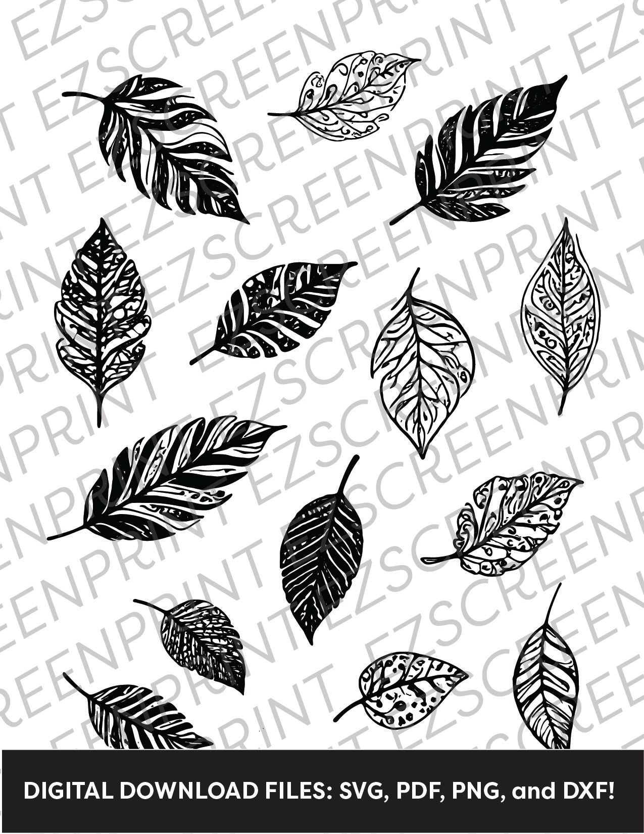 Doodled Leaves Pattern, Various Sizes + Digital Download